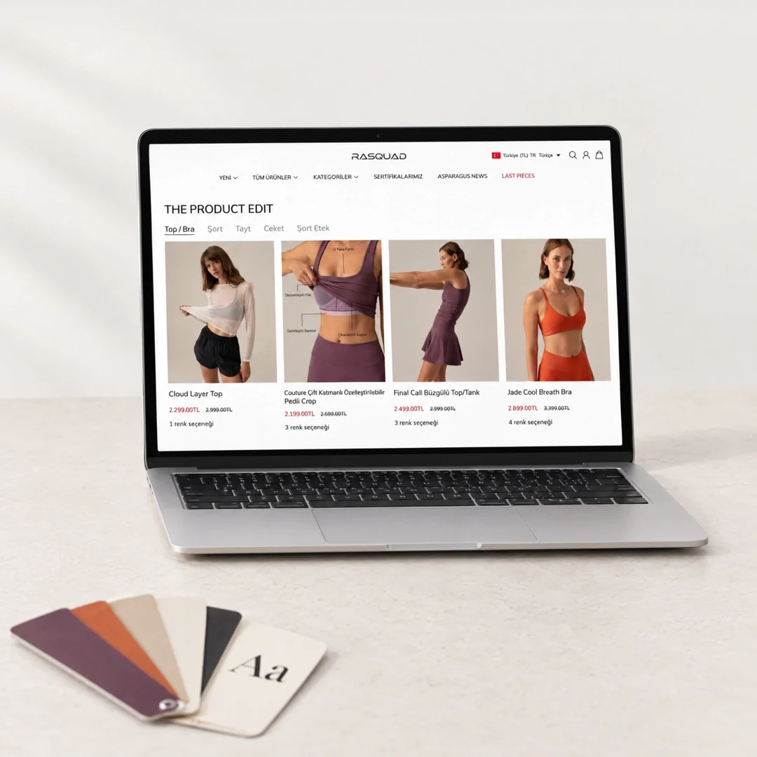 Kamera ön plandaki renk ve yazı tipi kartlarından arkadaki dizüstü bilgisayarda açık Rasquad Shopify mağazasına kayıyor