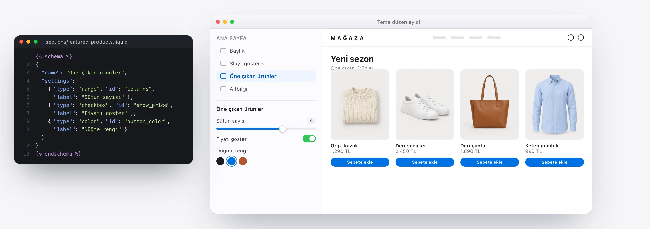 Liquid şemasındaki ayarlar Shopify tema editöründe düğmeye dönüşüyor, önizlemedeki ürün ızgarası değişiyor