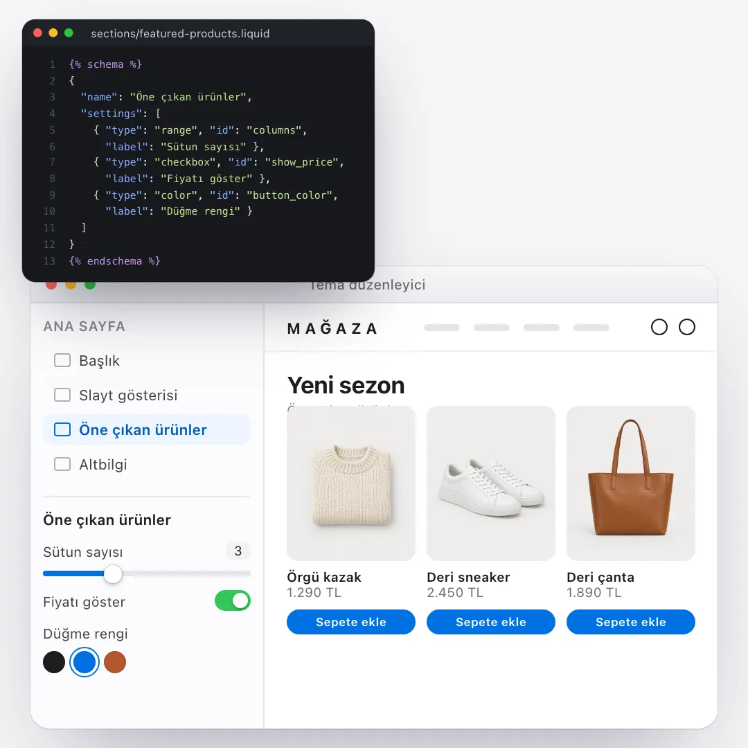 Liquid şemasındaki ayarlar Shopify tema editöründe düğmeye dönüşüyor, önizlemedeki ürün ızgarası değişiyor
