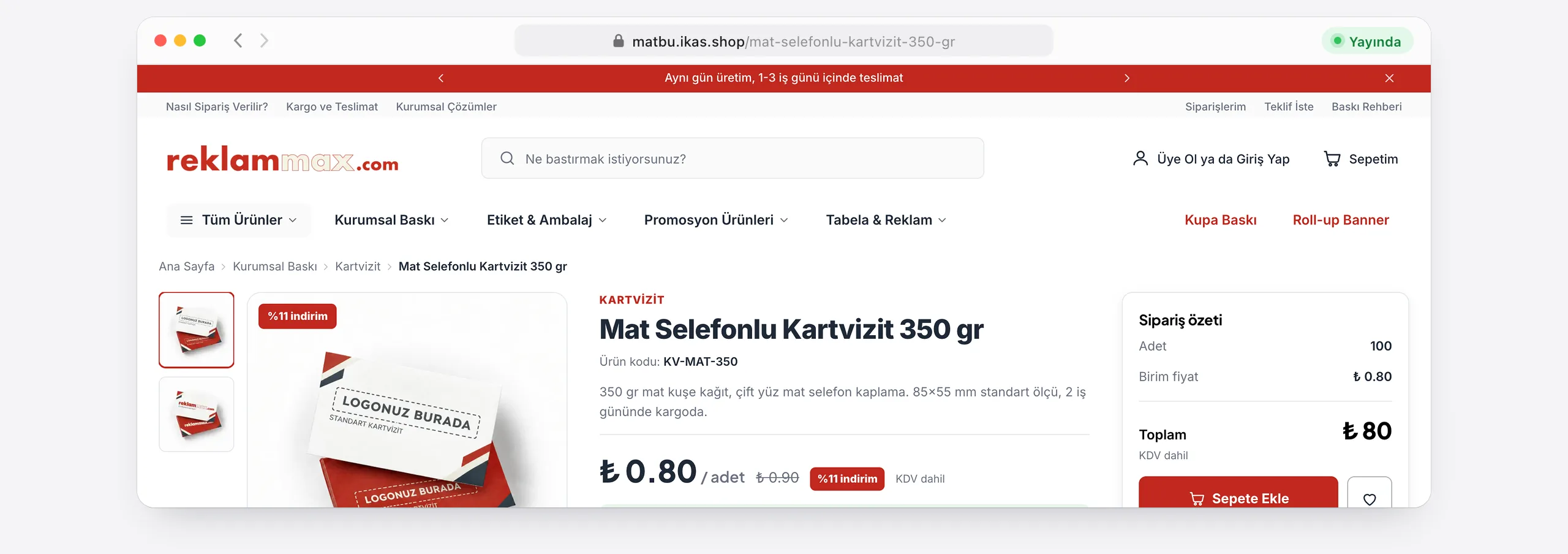 Tasarım aracında ürün sayfası aşağı kayarken bölümler gri taslaktan son haline geçiyor; onaydan sonra sayfa tarayıcıda matbu.ikas.shop adresinde yayında